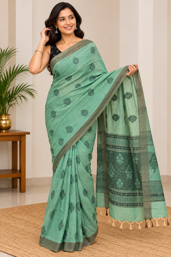 South Cotton Butti Ready-to-Wear Saree - Pista Green