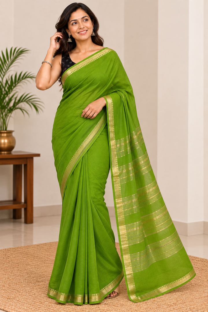 Chiffon Plain Saree with Jari Border - Parrot Green