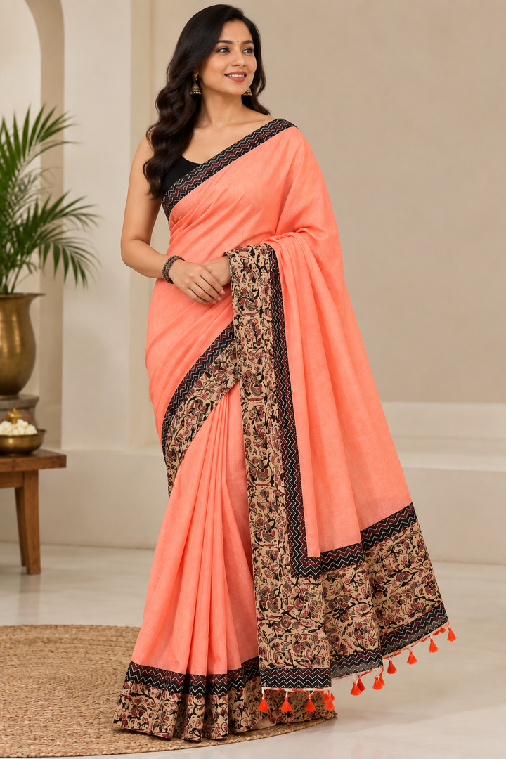 Handcrafted Khadi Cotton Ajrakh Ready-to-Wear Saree - Peach Orange