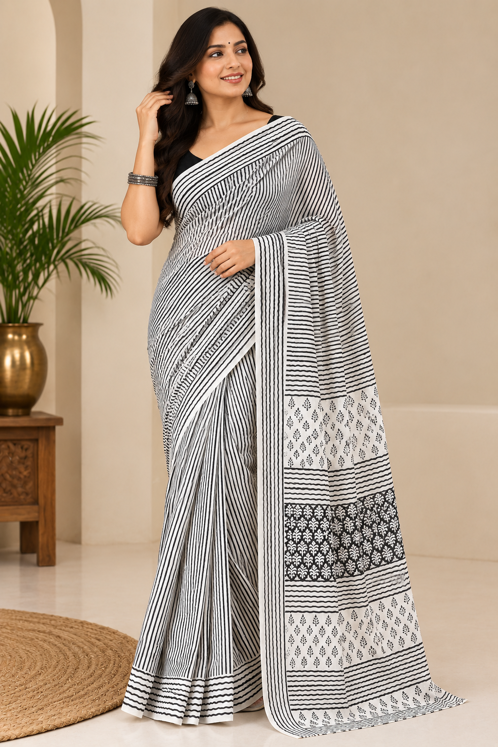 Bagru Hand Block Printed Pure Jaipur Cotton Saree - Black and White