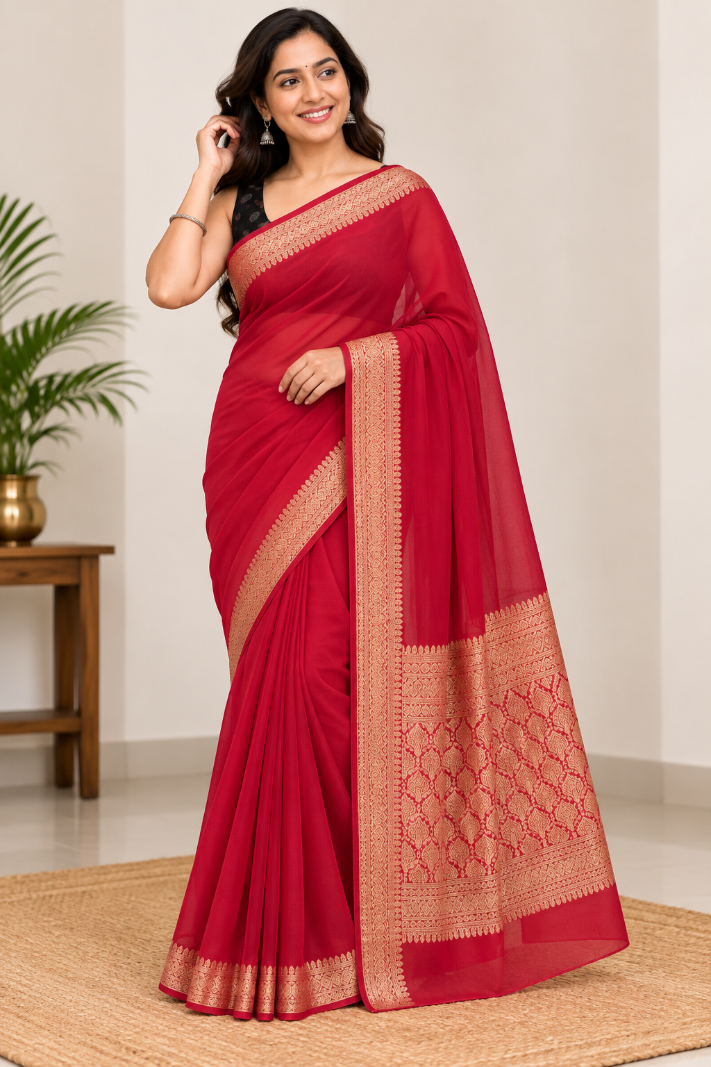 Chiffon Plain Saree with Jari Border - Deep Red