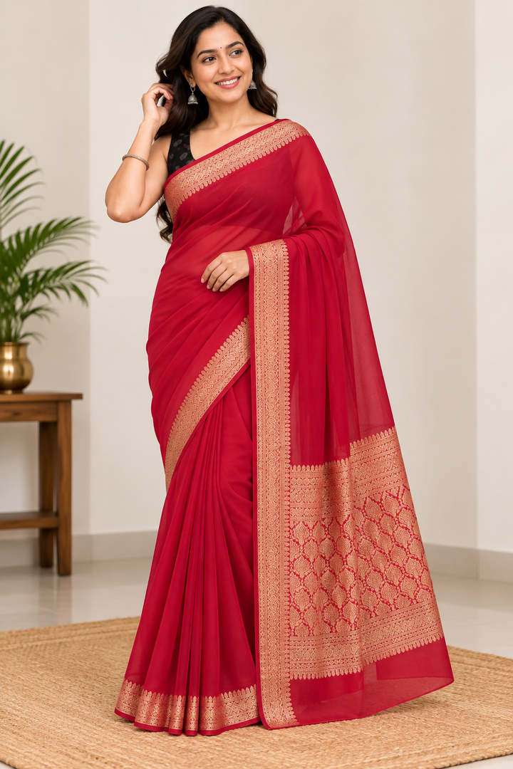Chiffon Plain Saree with Jari Border - Deep Red