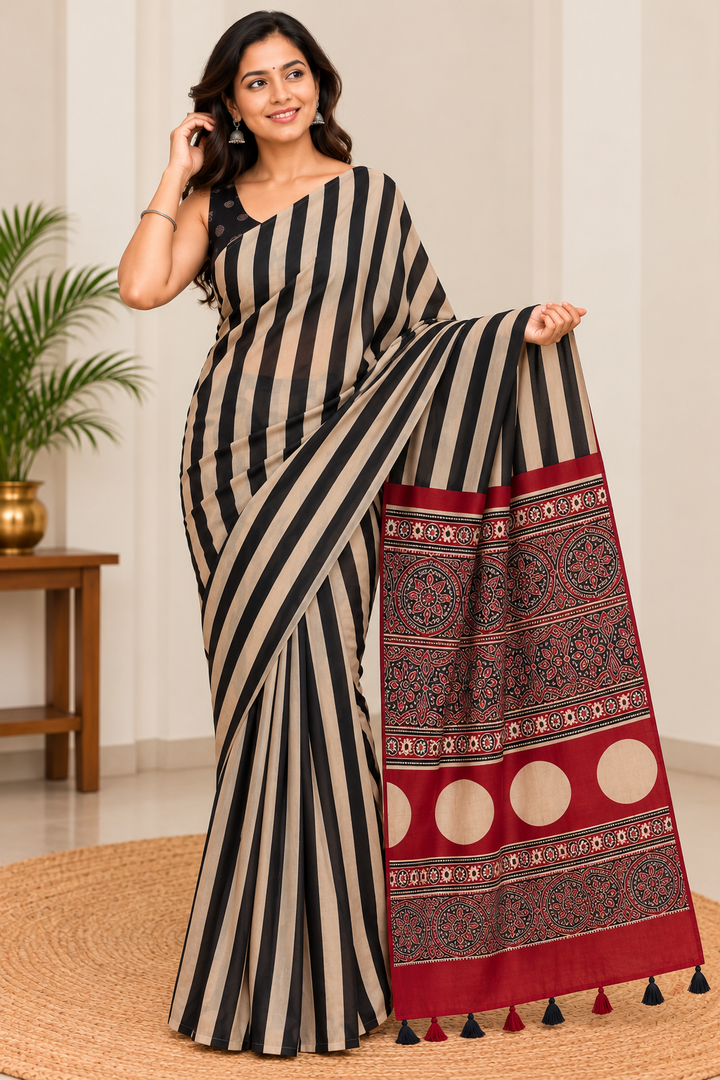 Modal Silk Stripe Saree - Black-Badge