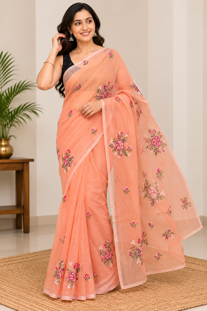 Kota Cotton Saree with Machine Embroidry - Peach Colour